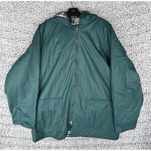 Totes Men's Size Large Hooded Green Rain Jacket W/ Plaid Lining & Front Pockets